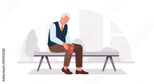 Elderly Man Suffering from Knee Pain and Arthritis, Sitting on a Bench