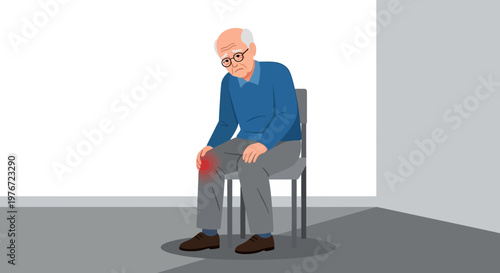 Elderly Man Sitting on Chair Experiencing Knee Pain and Discomfort