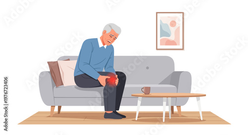 Elderly Man Suffering from Knee Pain While Sitting on Sofa at Home