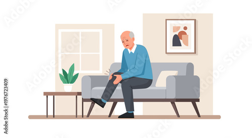 Elderly man suffering from knee pain while sitting on sofa at home, illustration