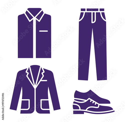 purple mens clothing and shoes icons in flat style  shirt jacket pants and laces