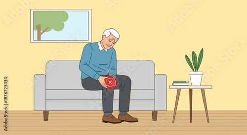 Elderly Man Suffering From Knee Pain While Sitting On Sofa, Medical Concept
