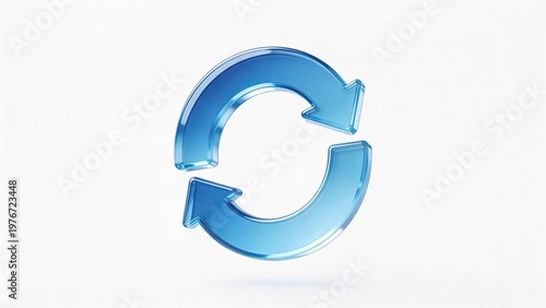 Blue glass refresh icon 3D rendering of circular arrows on white background symbolizing reload update recycle process technology internet modern design element glossy texture