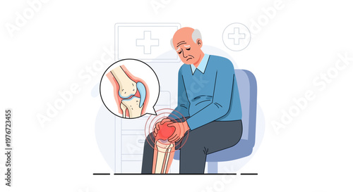 Elderly man suffering from knee pain, arthritis illustration