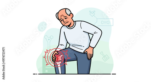 Elderly man suffering from knee pain, arthritis, joint inflammation, and bone problems
