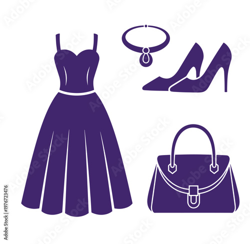 Purple silhouette of womens clothing and accessories on white background
