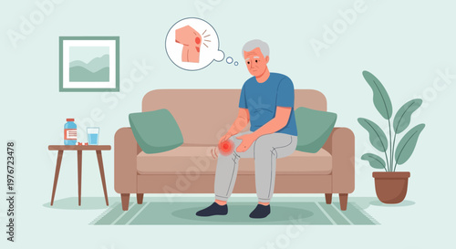 Elderly man suffering from knee pain while sitting on sofa, medical concept