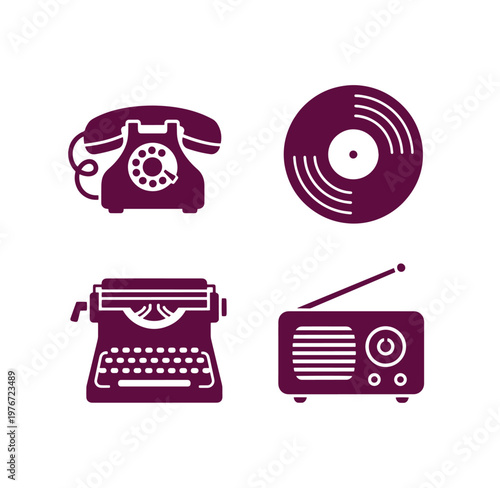 Retro communication and music devices icons set including telephone typewriter radio and vinyl record