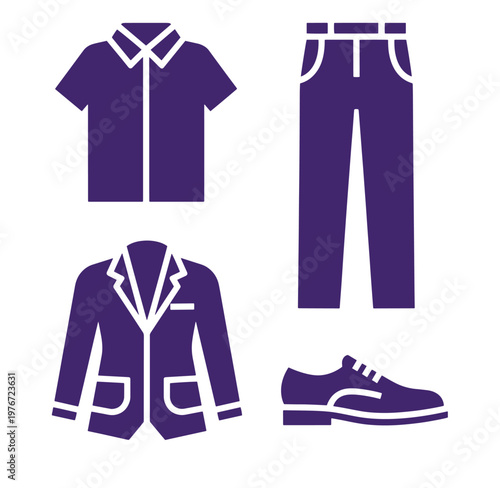 Set of purple business casual clothing icons including shirt pants jacket and shoe