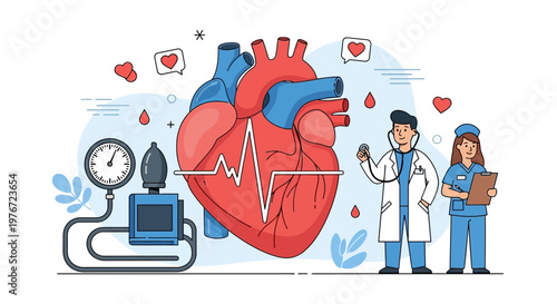 Cardiology concept: doctors examine human heart with stethoscope and blood pressure monitor