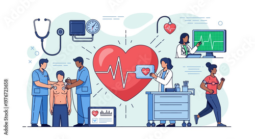 Cardiology healthcare team performing heart checkup with ECG and vital signs monitoring