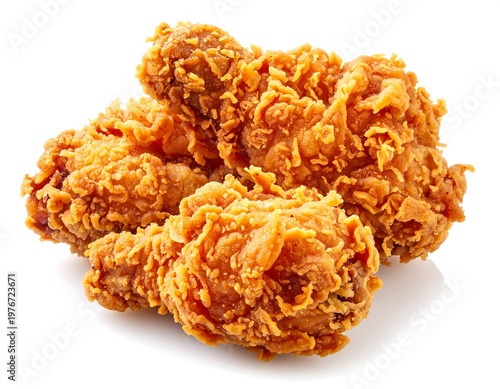 Close-up of golden-brown fried chicken drumsticks on a white backdrop
