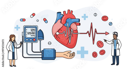 Cardiology concept: doctors measuring blood pressure near heart diagram, EKG, blood cells