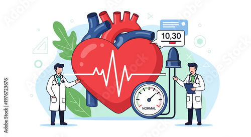 Cardiology health check: Doctors monitor heart with ECG and blood pressure monitor