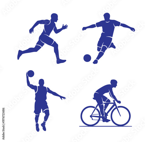 Silhouette of people playing sports with bicycle and ball  athletic activities