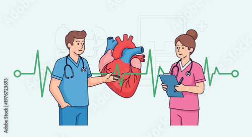 Cardiology Team Examining Heart with ECG Monitor and Patient Chart