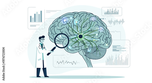 Doctor analyzing brain scan with magnifying glass, neuroscience research, medical technology concept