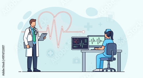 Doctor and nurse monitoring patient's vital signs on computer screens in a modern clinic