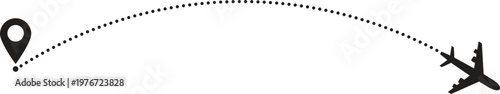 Minimal travel route with airplane and location pin connected by dotted arc path on clean background. Simple flight journey concept for tourism, navigation, trip planning and modern design use.