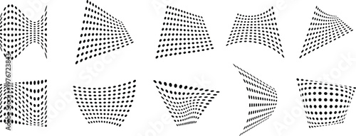Abstract halftone dot wave shapes set with dynamic warped grids. Modern optical illusion patterns for design backgrounds and tech visuals. Vector dotted mesh surfaces with depth perspective effect.