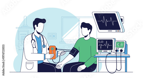 Doctor checking patient's blood pressure with modern medical equipment in clinic