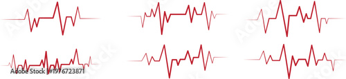 Heartbeat ECG pulse lines set with medical monitor waveform variations. Cardiology rhythm signals showing vital health data patterns. Red electrocardiogram traces isolated for healthcare design use.