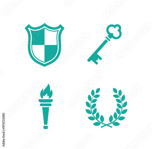 Teal colored shield key torch laurel wreath icons on white background