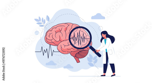 Doctor examining brain activity with magnifying glass, neuroscience concept