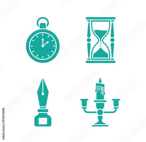 Teal icons of clock hourglass pen nib and candle holder on white background