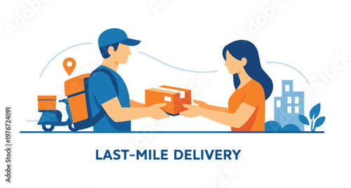 A last mile delivery man service showing a courier shipping a package to a home customer, flat illustration on white background
