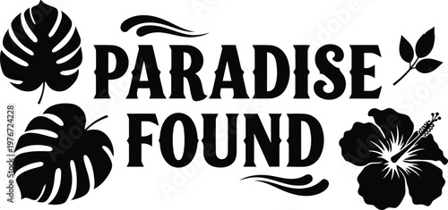 Black tropical text with leaves and flowers white