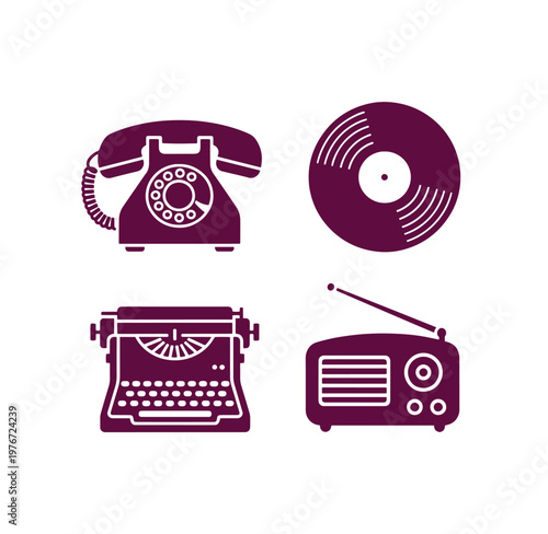 Vintage communication and music icons including telephone typewriter radio and vinyl record