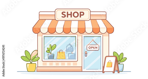 Vector illustration of a cute shop storefront building facade with an awning and retail business window display