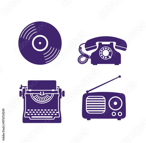 Vintage media and communication devices icons including record player telephone typewriter radio