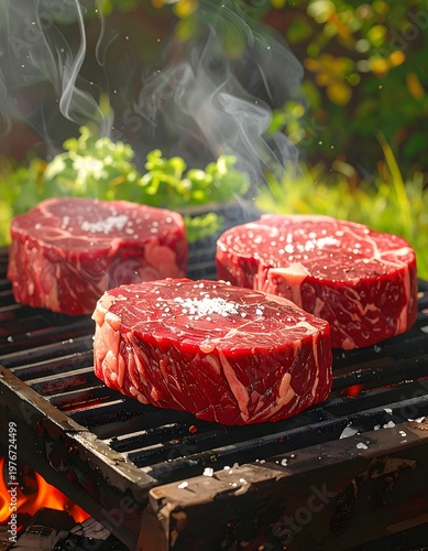 Grilled steaks on a barbecue