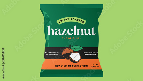 Flat vector illustration of a crispy roasted hazelnut snack bag packaging design on a green background..eps