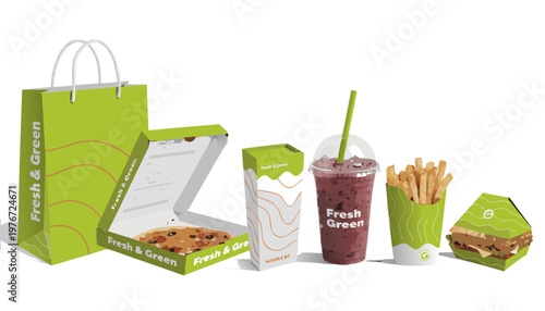 Sustainable takeaway food packaging mockup collection featuring organic wave patterns and Fresh & Green typography, professional 3D vector illustration for brand identity..eps
