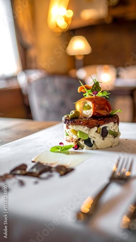 Close-up of gourmet dish on a white plate, served in a restaurant setting