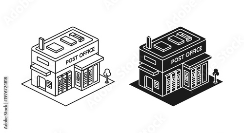 Isometric post office building vector set, black and white line art mail service facility, postal office architecture icons for city maps