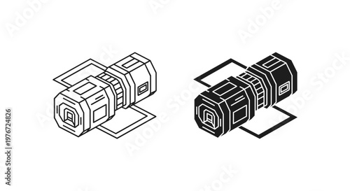 Isometric sci-fi space station module vector, futuristic laboratory corridor unit, black and white technical line art of orbital satellite component