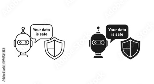 Cybersecurity robot icons with shield and data protection message, artificial intelligence bot for secure information, black and white vector set