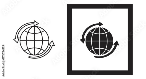 Global logistics icon set, world globe with circular arrows vector, international shipping and worldwide trade symbols for business web design