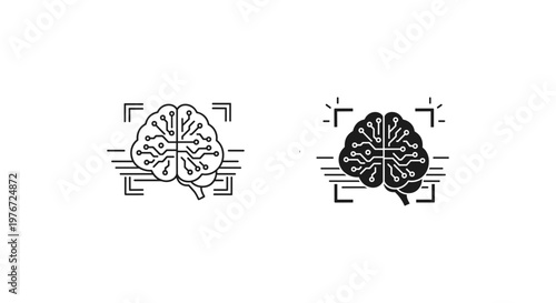 Artificial intelligence brain icons, digital neural network circuit board symbols, human mind machine learning technology vector set