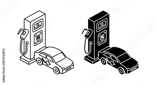 Isometric electric vehicle charging station icons, black and white EV car charger vector set, sustainable transport infrastructure graphics