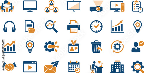 Business icons, office tools vector, productivity symbols, corporate elements, professional workspace graphics, blue orange design, planning visuals, communication tools, workflow illustration set