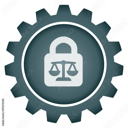 Law and justice security concept icon inside gear wheel padlock with balance scales vector png illustration