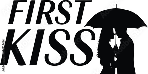 First kiss silhouette with umbrella couple black and white