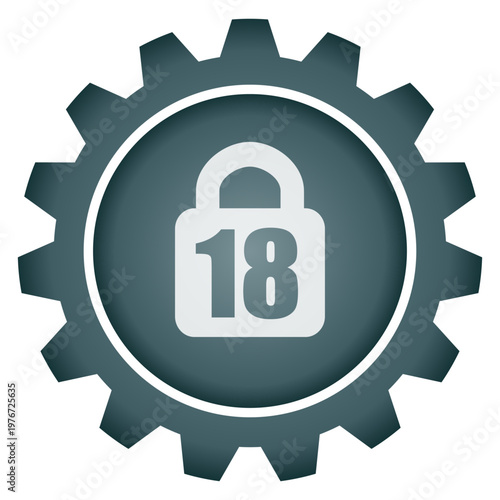 Age restriction 18 plus warning icon inside gear wheel security padlock symbol vector png illustration