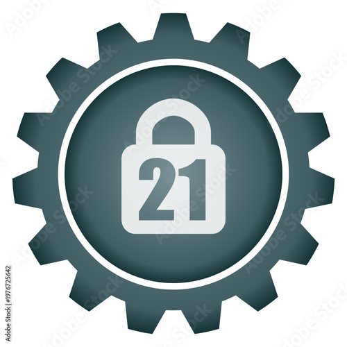Age restriction 21 plus warning icon inside gear wheel security padlock symbol vector png illustration
