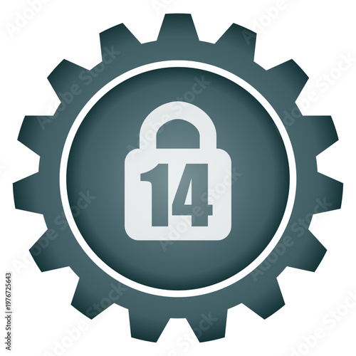Age restriction 14 plus warning icon inside gear wheel security padlock symbol vector png illustration